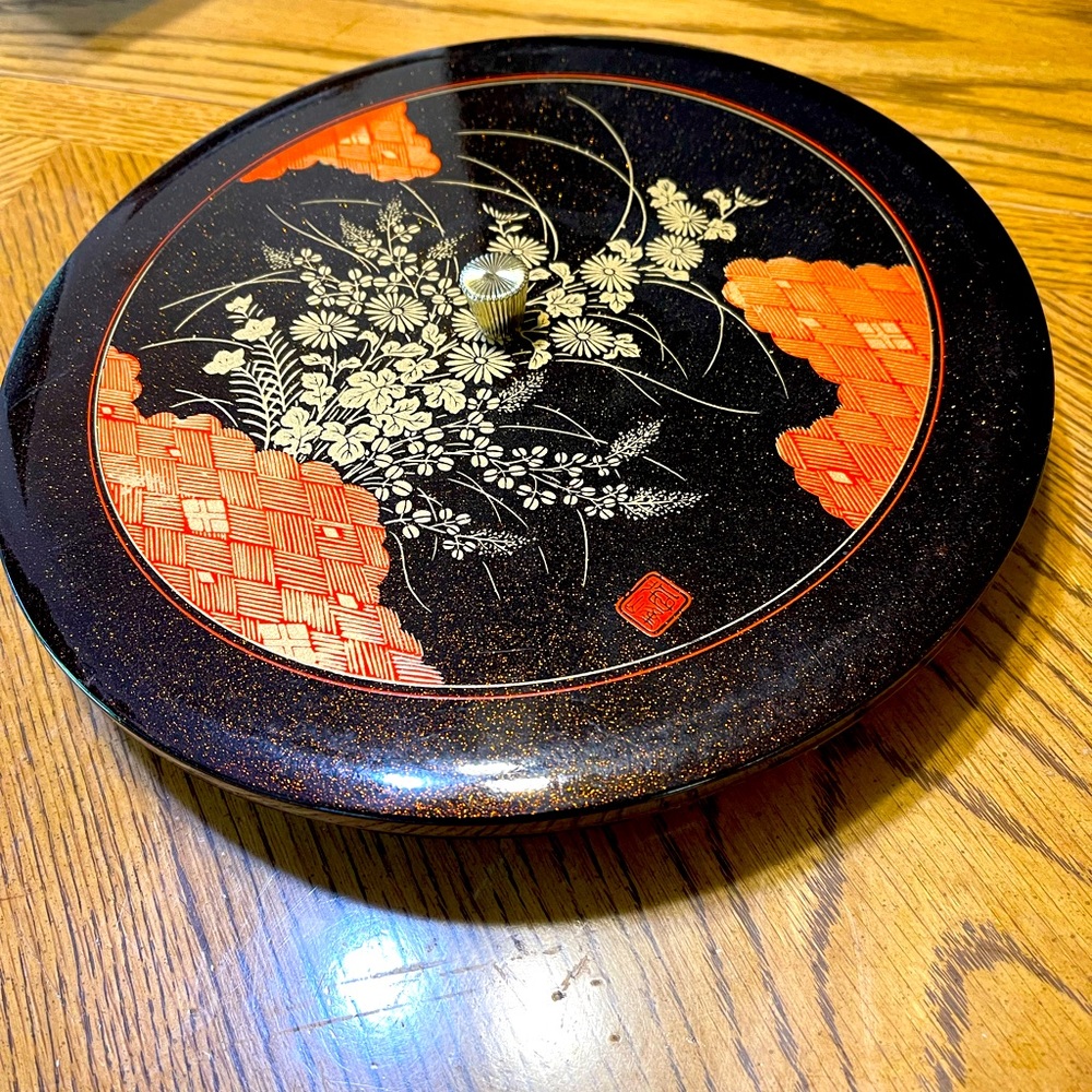 Vintage Japanese lacquered divided orange and brown lidded tray